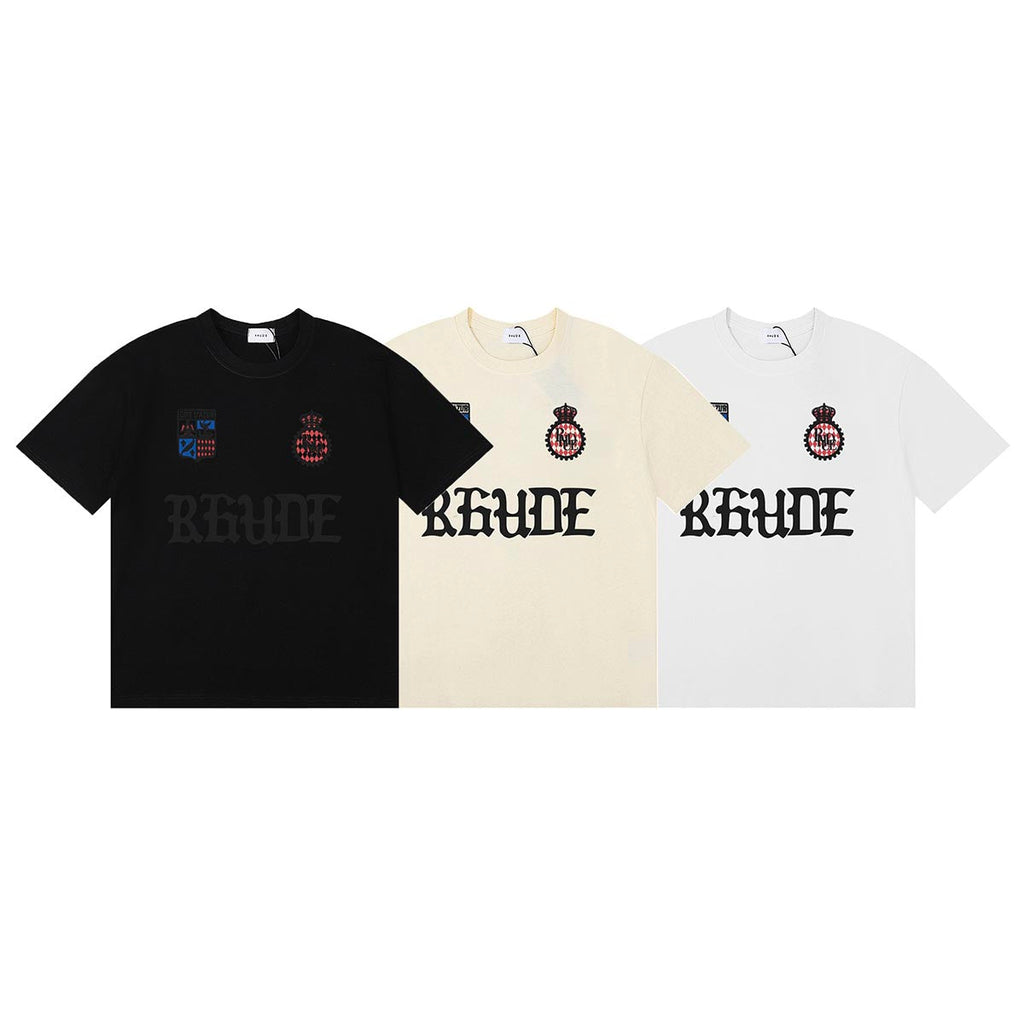Rhude T-shirts Gothic Letter Badge Printing Cotton Casual Crew Neck Short Sleeve Men and Women