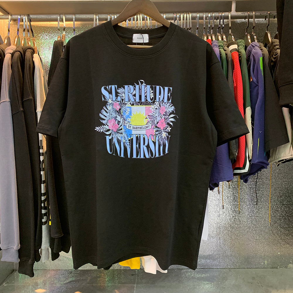 Rhude T-shirts Flag Floral Print Cotton Casual Loose Short Sleeve Men and Women