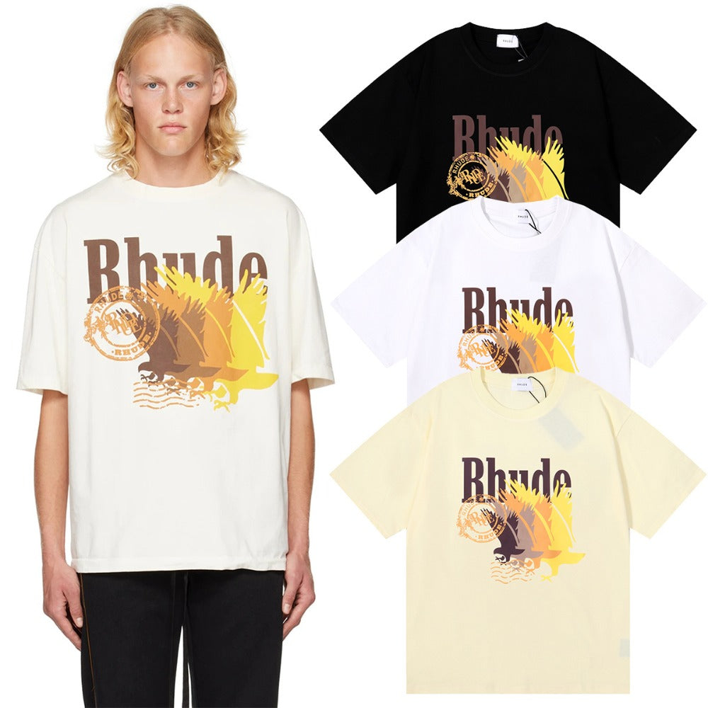 Rhude T-shirts gradual change color pattern print cotton short sleeves men and women