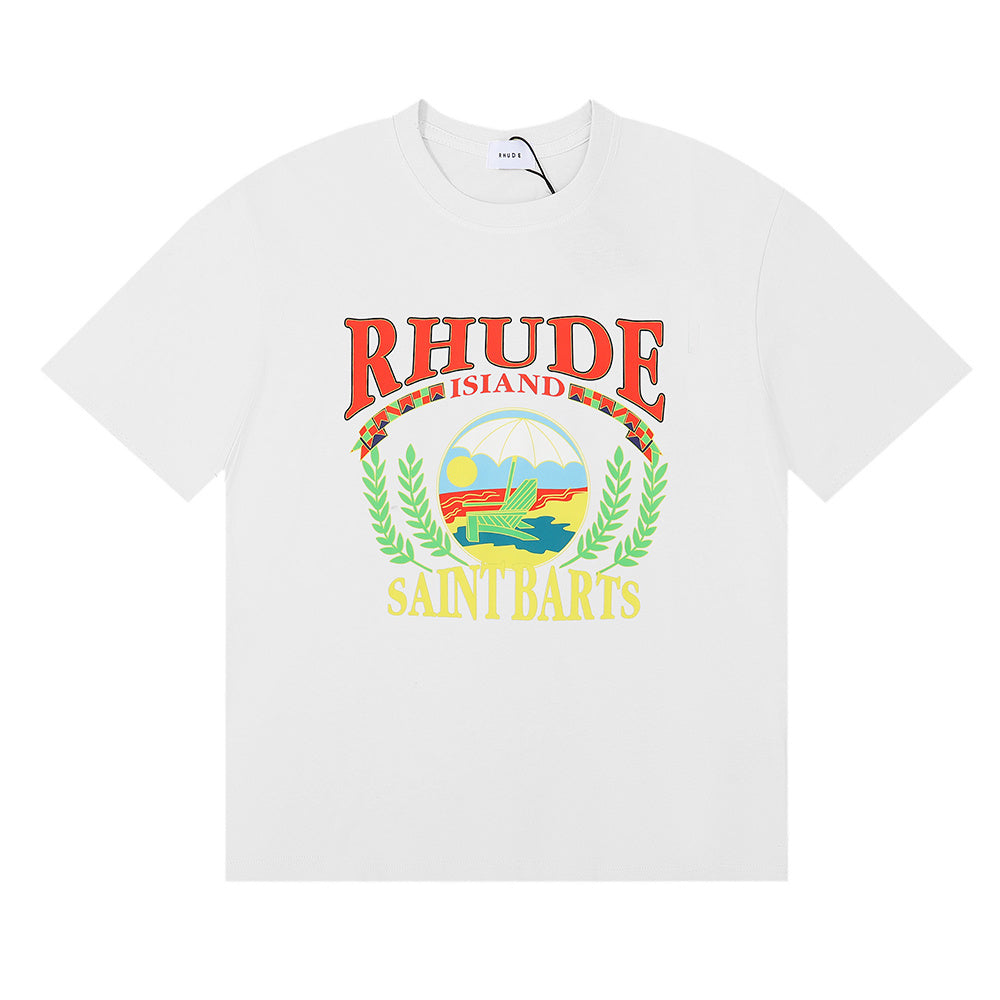 Rhude T-shirts Sunset Beach Pattern Printed Cotton Casual Short Sleeves Men and Women