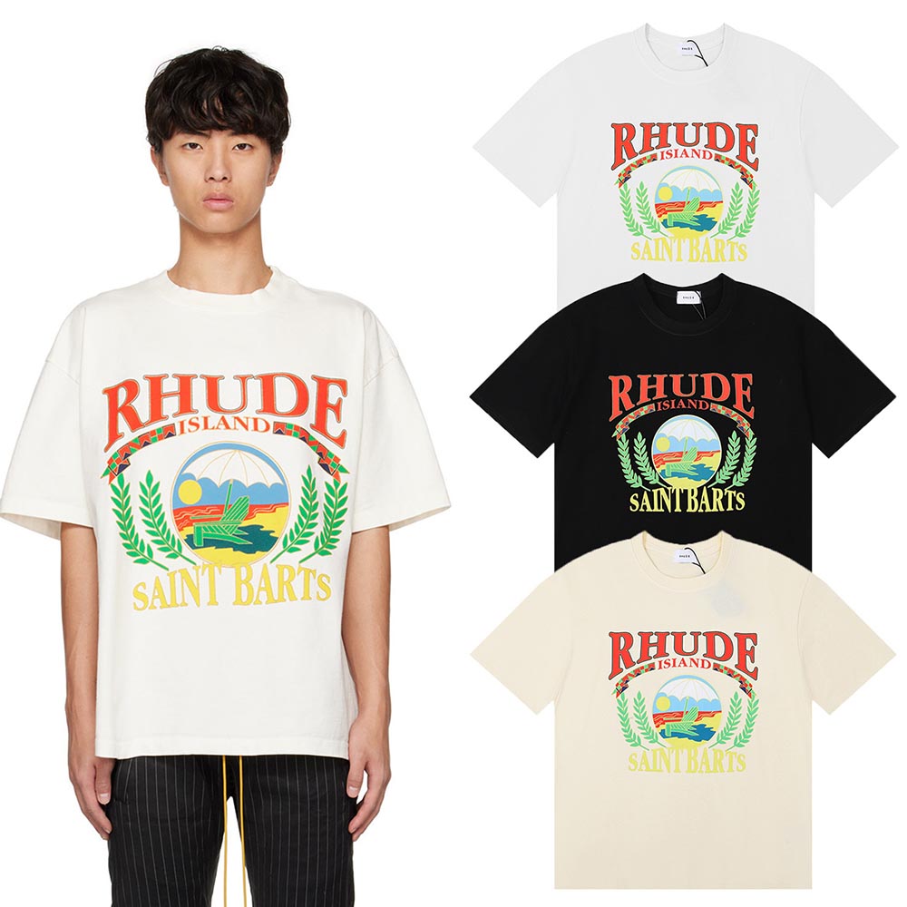 Rhude T-shirts Sunset Beach Pattern Printed Cotton Casual Short Sleeves Men and Women