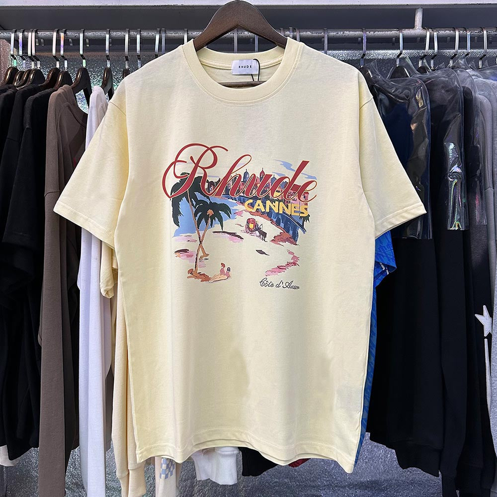 Rhude T-shirts Cannes Beach Coconut Printing Cotton Casual Short Sleeves Men and Women
