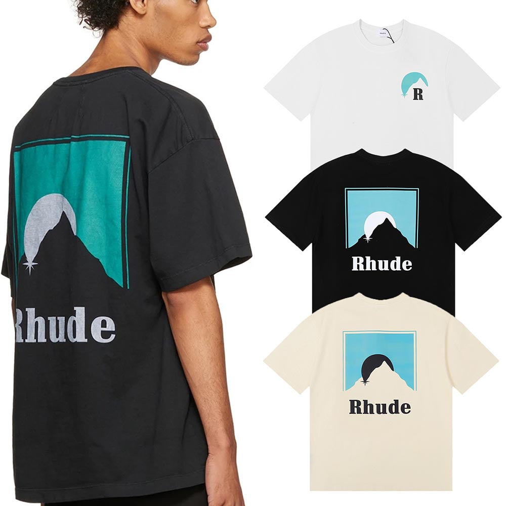 Rhude T-shirts Blue Sunset Print Cotton Casual Short Sleeve Men and Women