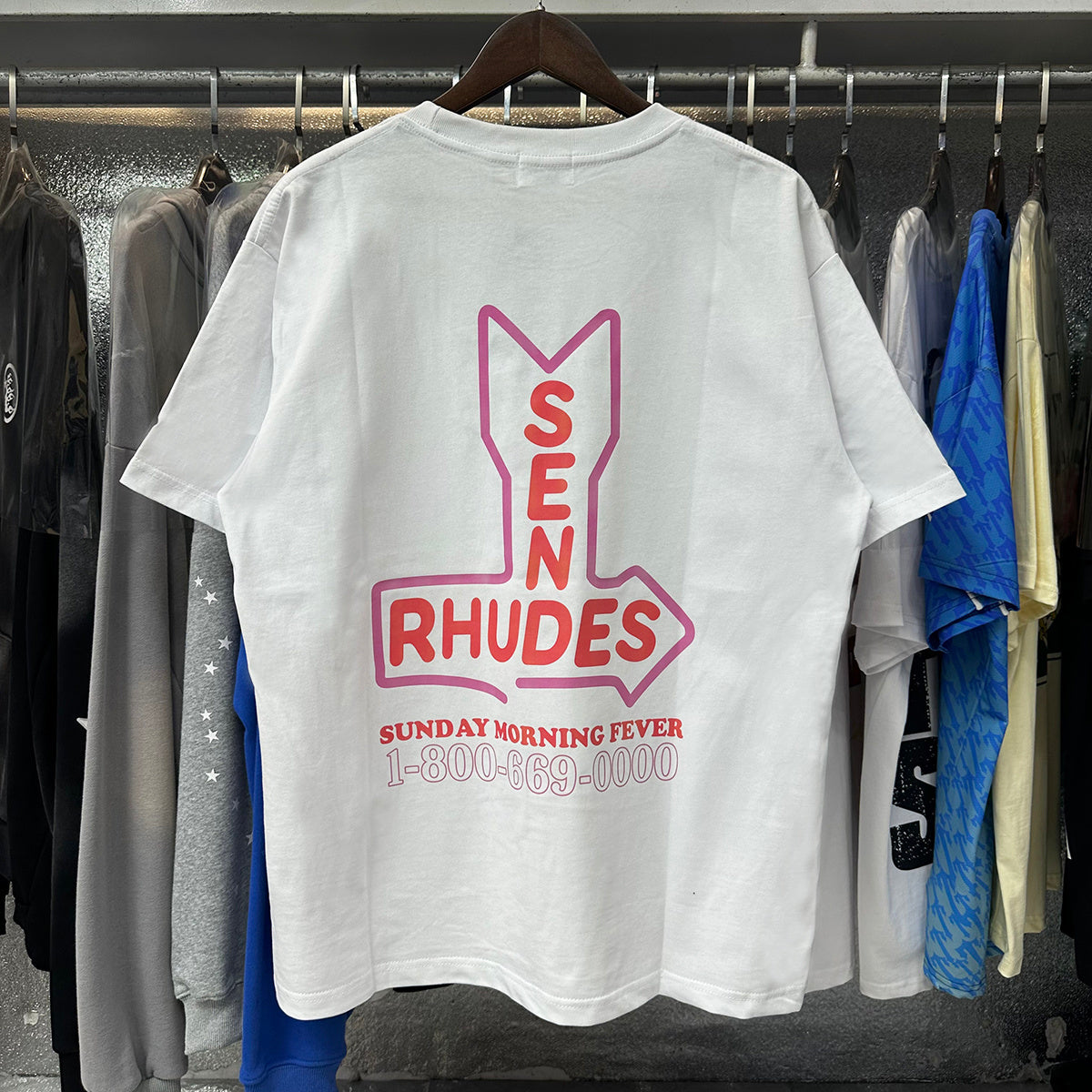 Rhude T-shirts Sunday Morning Fever Pink Arrow Print Men's and Women's Crew Neck Short Sleeves