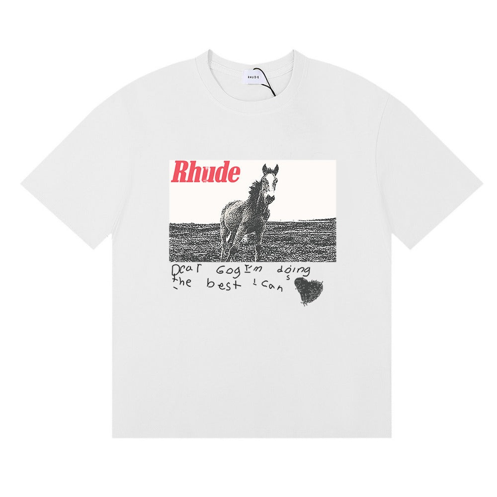 Rhude T-shirt Micro Label Alphabet Horse Print Short Sleeve T-shirt