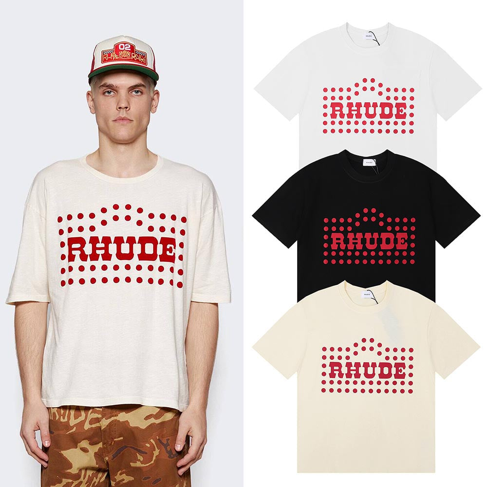 Rhude T-shirts Red Polka Dot Printed Cotton Casual Short Sleeve Men and Women