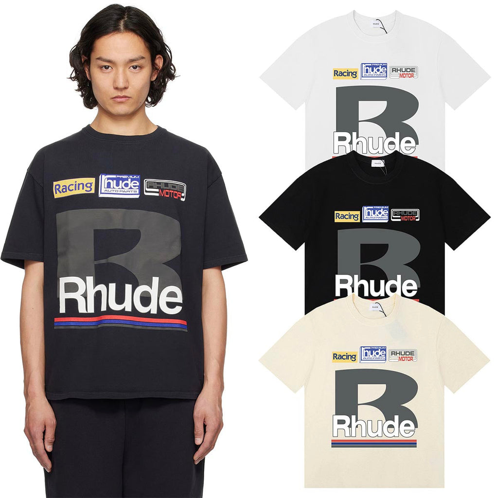 Rhude T-shirts Petrol Patch Racing Motor Cotton Casual Short Sleeve Men and Women