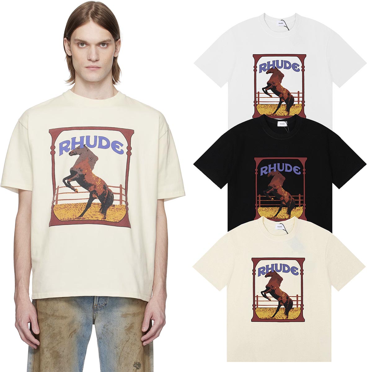 Rhude T-shirts Horse Frame Printing Cotton Casual Short Sleeve Men and Women