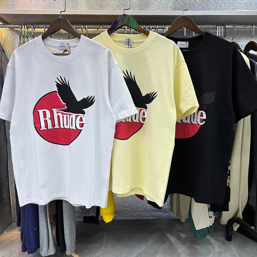 Rhude T-shirts Black Peace Dove Print Cotton Casual Short Sleeve Men and Women