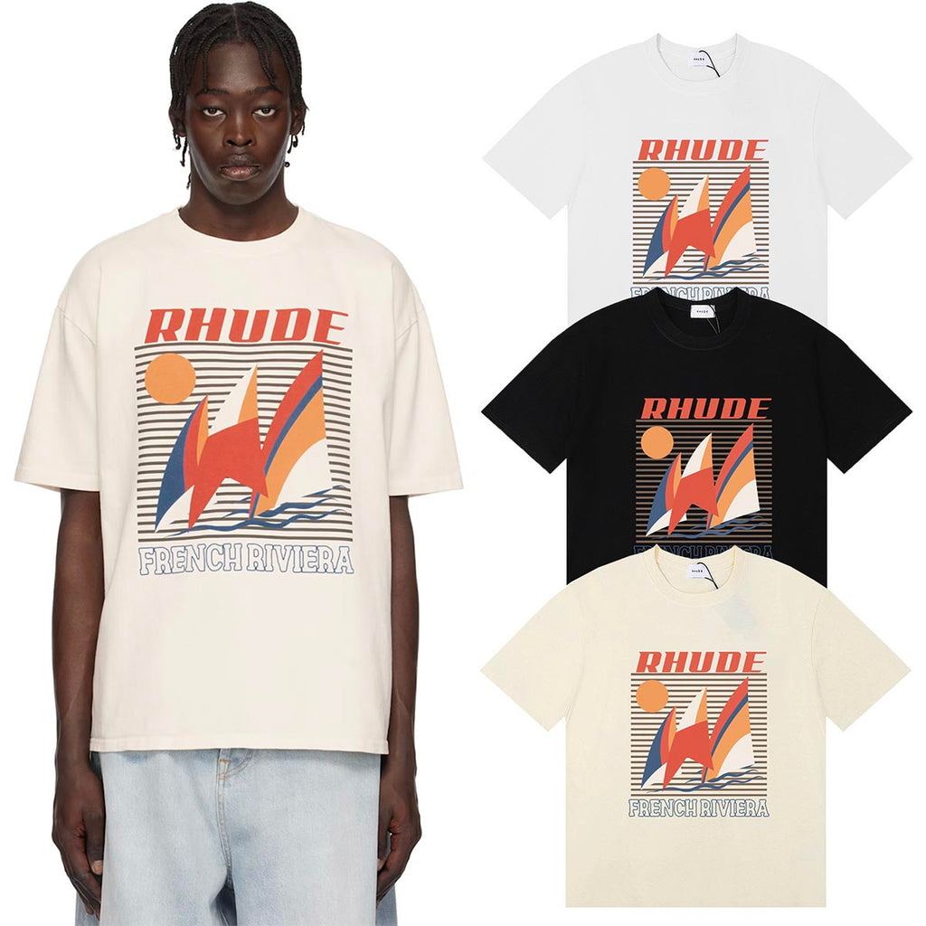 Rhude T-shirts Sailing Sunset Print Cotton Casual Crew Neck Short Sleeve Men and Women