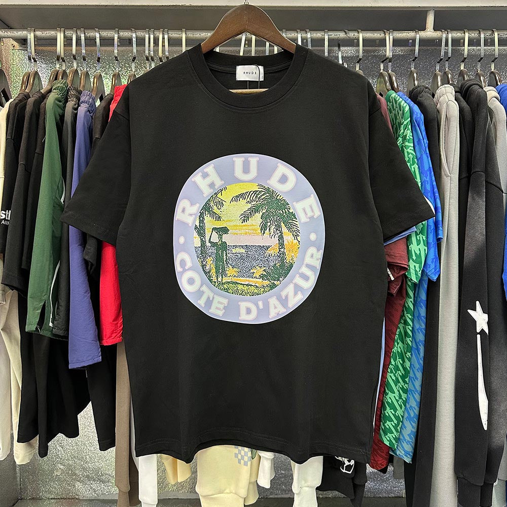 Rhude T-shirts Lake Coconut Landscape Print Cotton Casual Short Sleeve Men and Women
