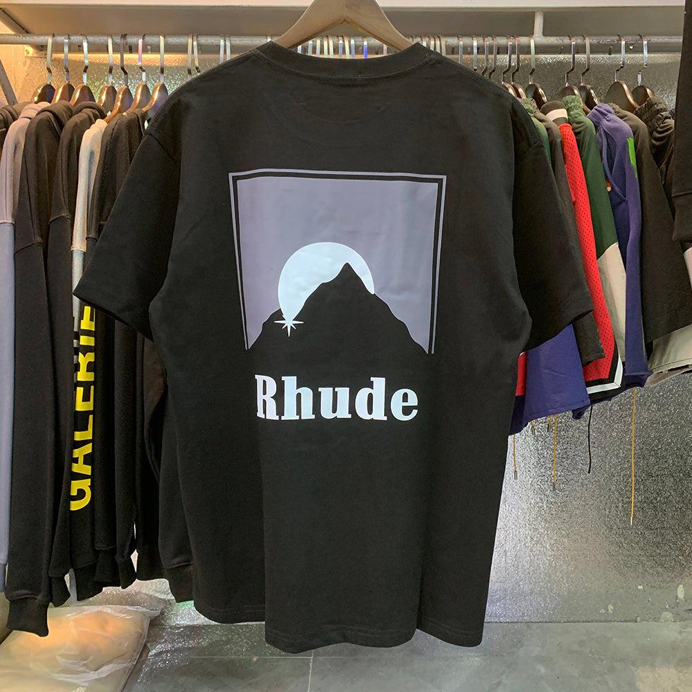 Rhude T-shirts Black Moon Print Loose Casual Short Sleeve Men and Women