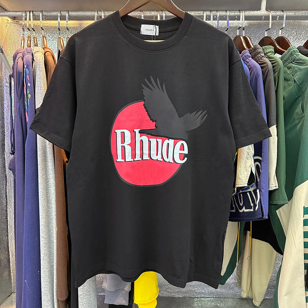 Rhude T-shirts Black Peace Dove Print Cotton Casual Short Sleeve Men and Women
