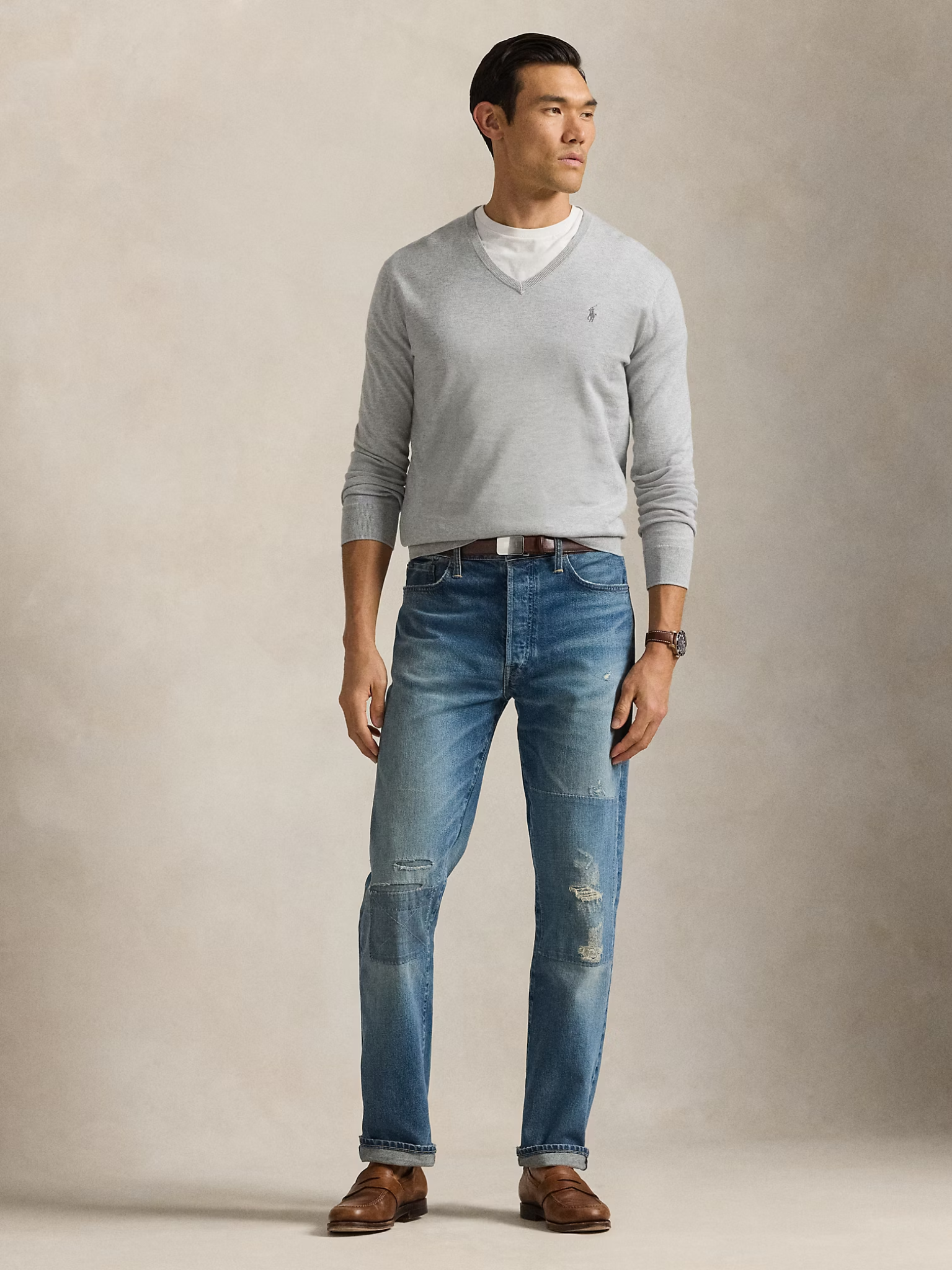 RALPH LAUREN Slim Fit Cotton V-Neck Jumper Andover Heather