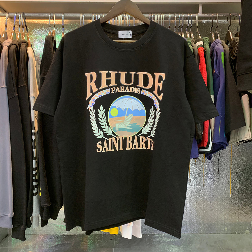 Rhude T-shirts Sunset Beach Cozy Pattern Printed Cotton Casual Loose Short Sleeve Men and Women