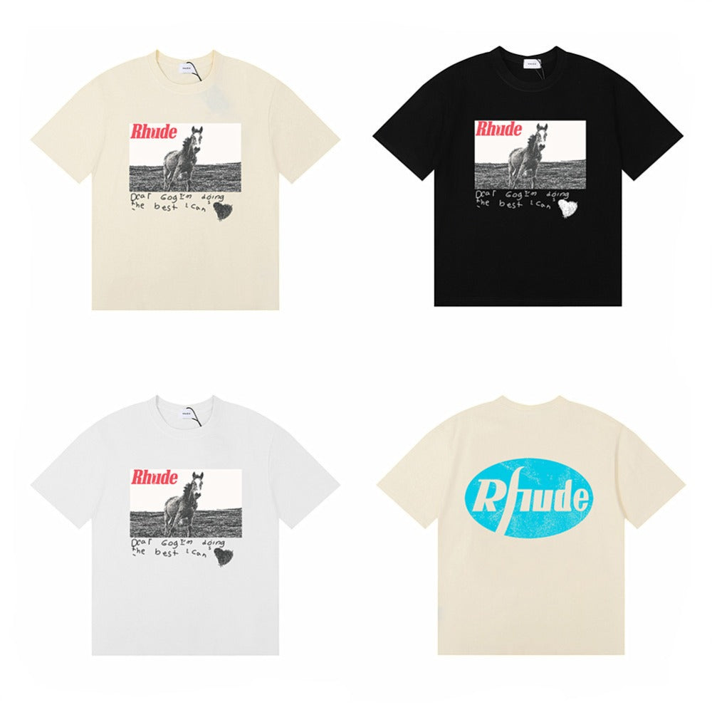 Rhude T-shirt Micro Label Alphabet Horse Print Short Sleeve T-shirt