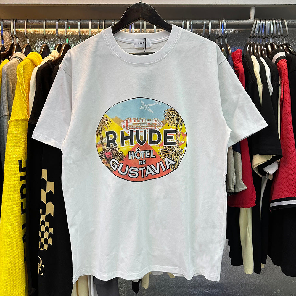 Rhude T-shirts Gustavia Hotel Printed Cotton Casual Short Sleeves Men's and Women's