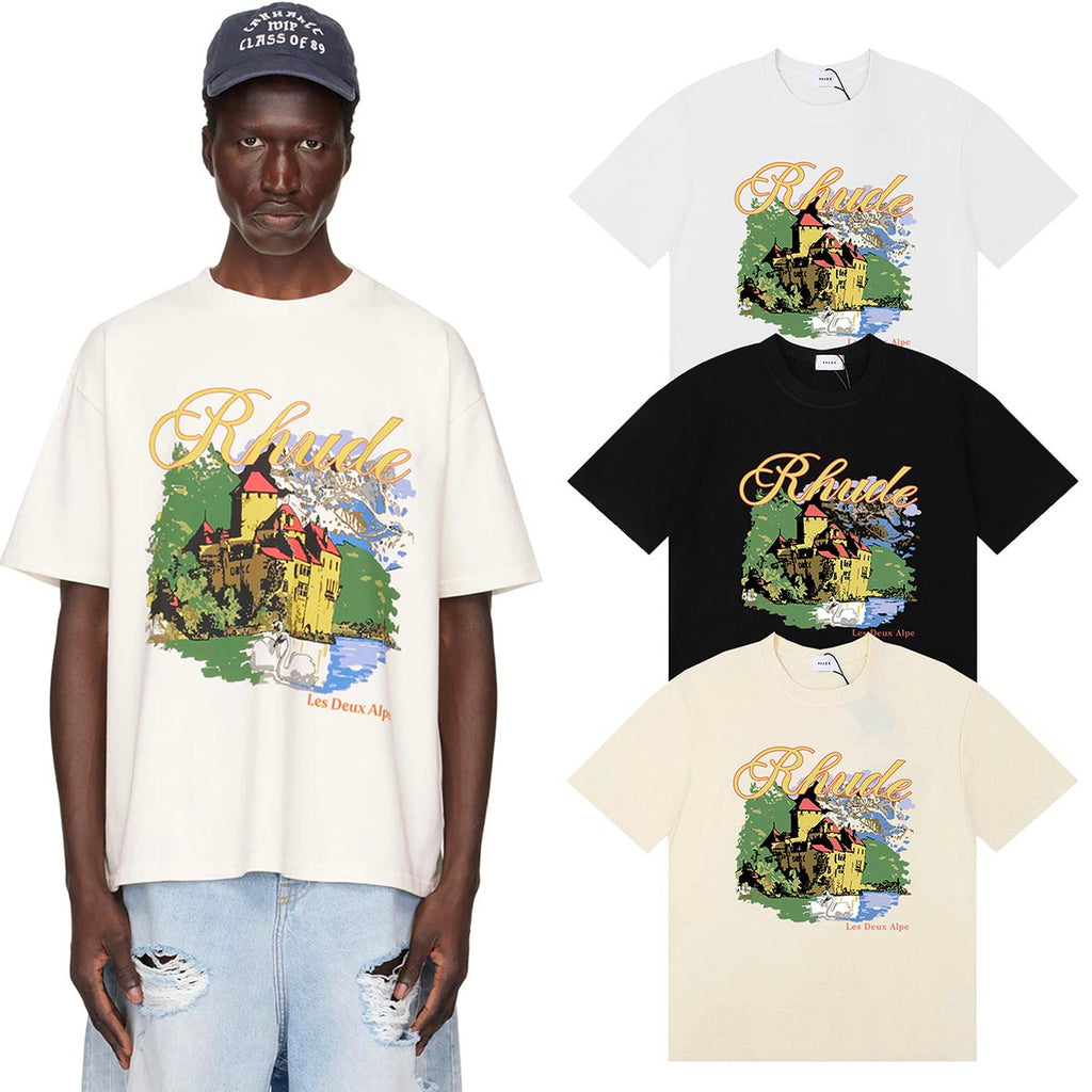 Rhude T-shirts Alpine Villa Printed Cotton Casual Short Sleeve Men and Women