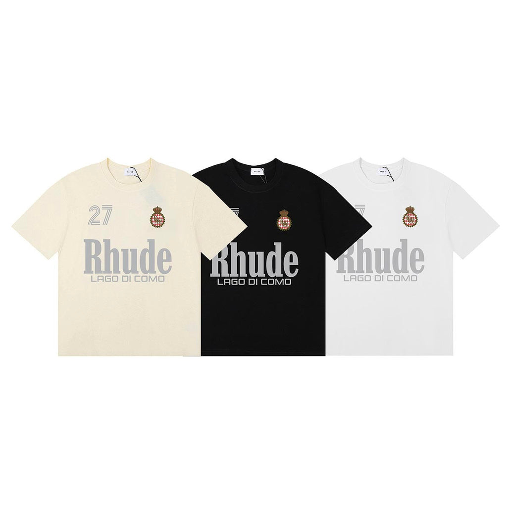 Rhude T-shirts LAGO DI COMO Printed Cotton Casual Short Sleeve Men and Women