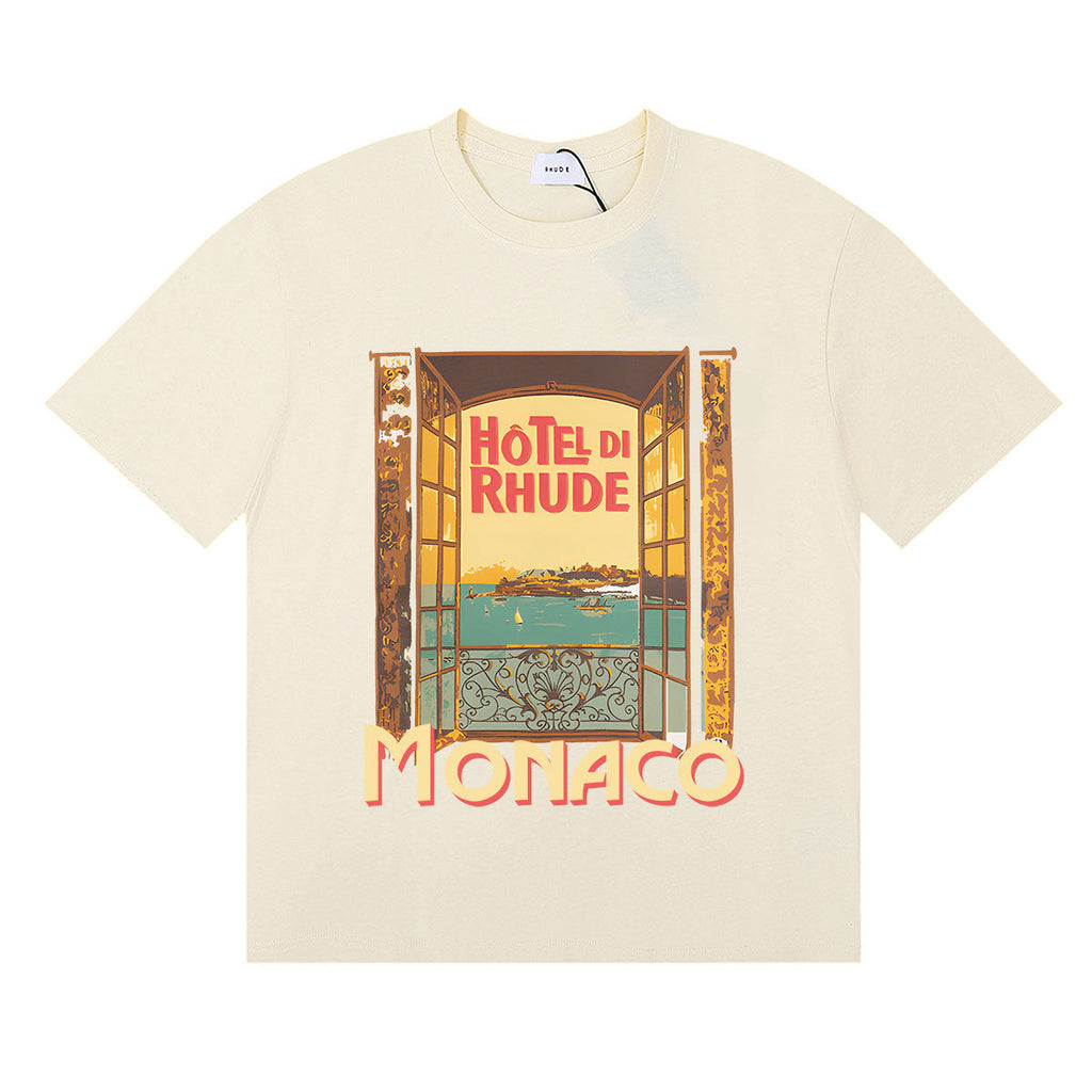 Rhude T-shirts Windowsill Seaview Printing Cotton Casual Short Sleeve Men and Women