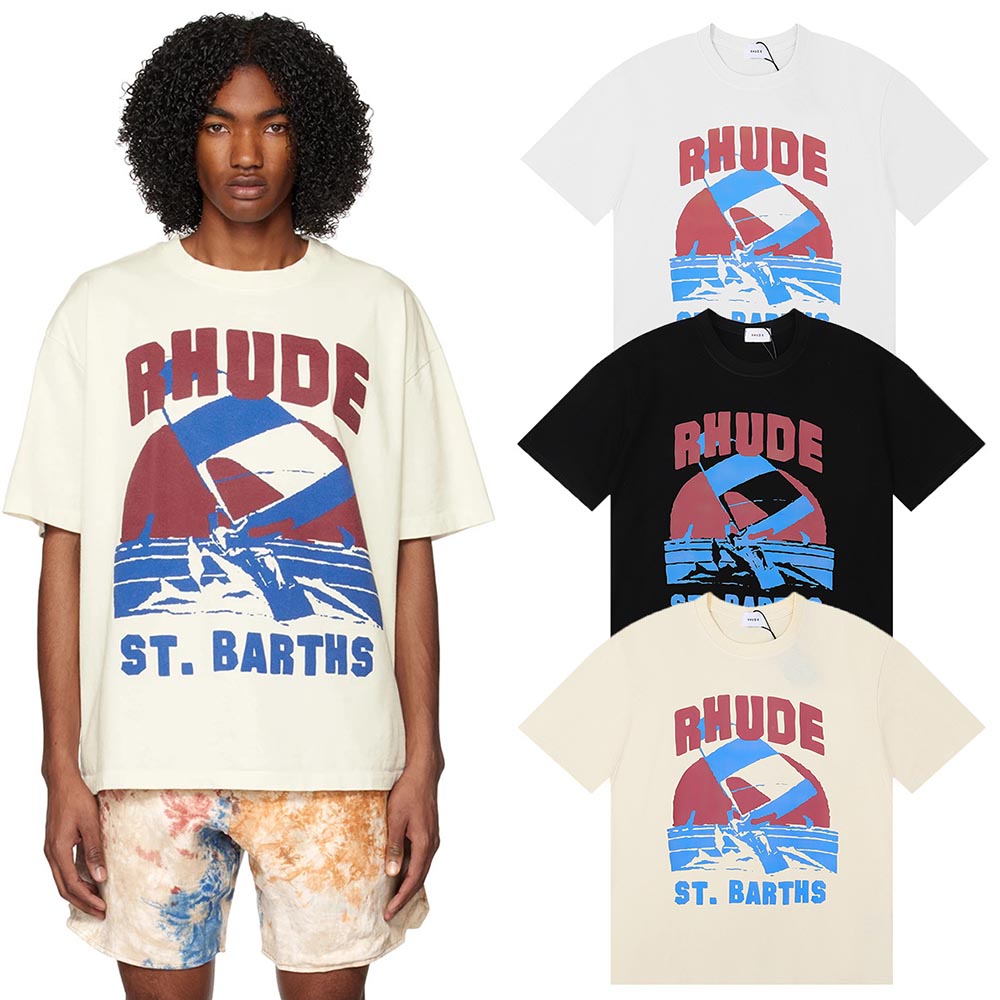 Rhude T-shirts Windsurfing Printed Cotton Casual Short Sleeves Men and Women