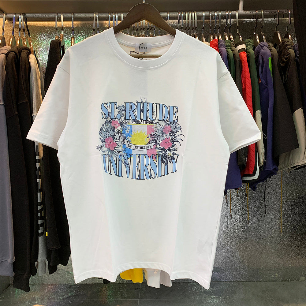 Rhude T-shirts Flag Floral Print Cotton Casual Loose Short Sleeve Men and Women