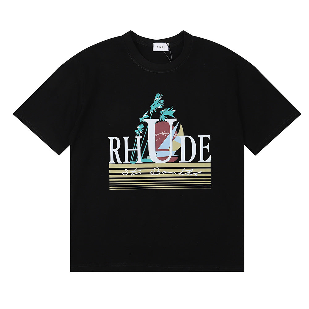 Rhude T-shirts Coconut Sunset Sailing Printing Cotton Casual Loose Short Sleeve Men and Women