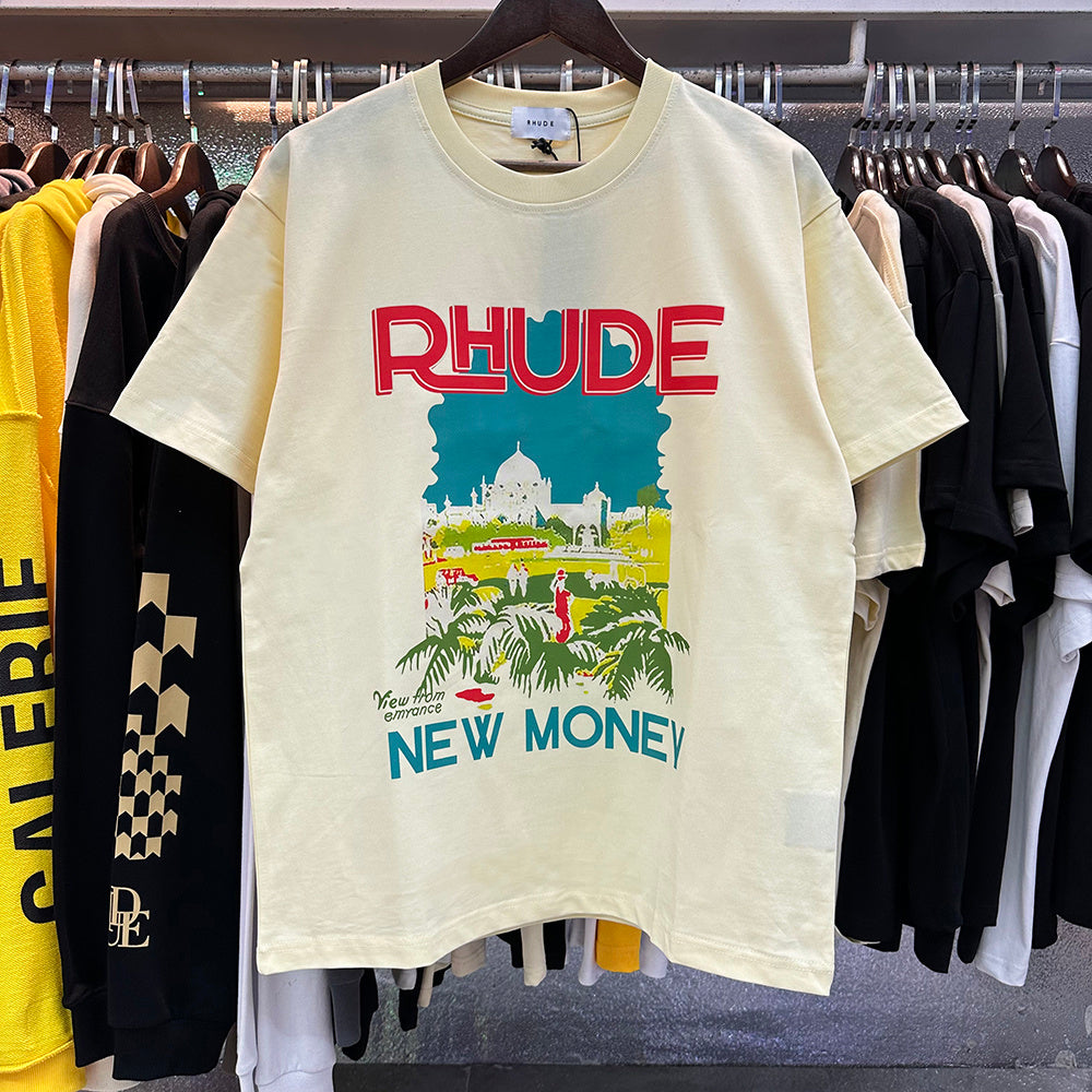 Rhude T-shirts Castle Coconut Windowsill Scenic Cotton Casual Loose Short Sleeve Men and Women