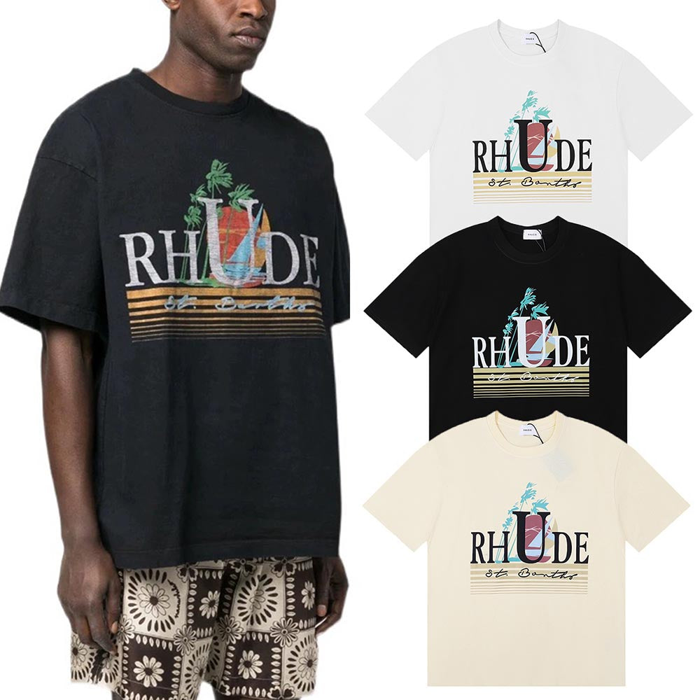 Rhude T-shirts Coconut Sunset Sailing Printing Cotton Casual Loose Short Sleeve Men and Women