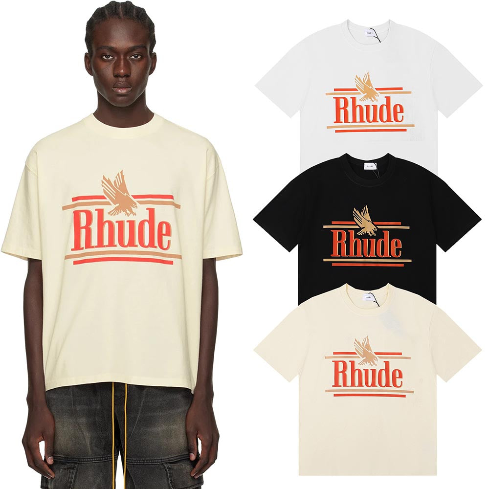 Rhude T-shirts Eagle Rossa Printed Cotton Casual Short Sleeve Men and Women