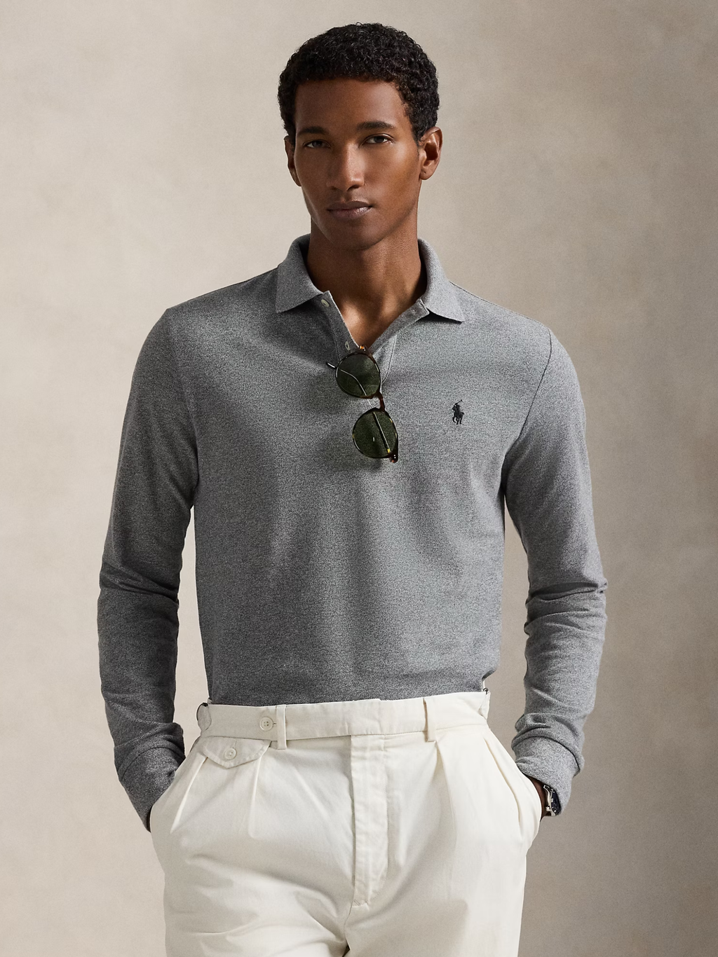 RALPH LAUREN Custom Slim Fit Mesh Polo Shirt Canterbury Heather