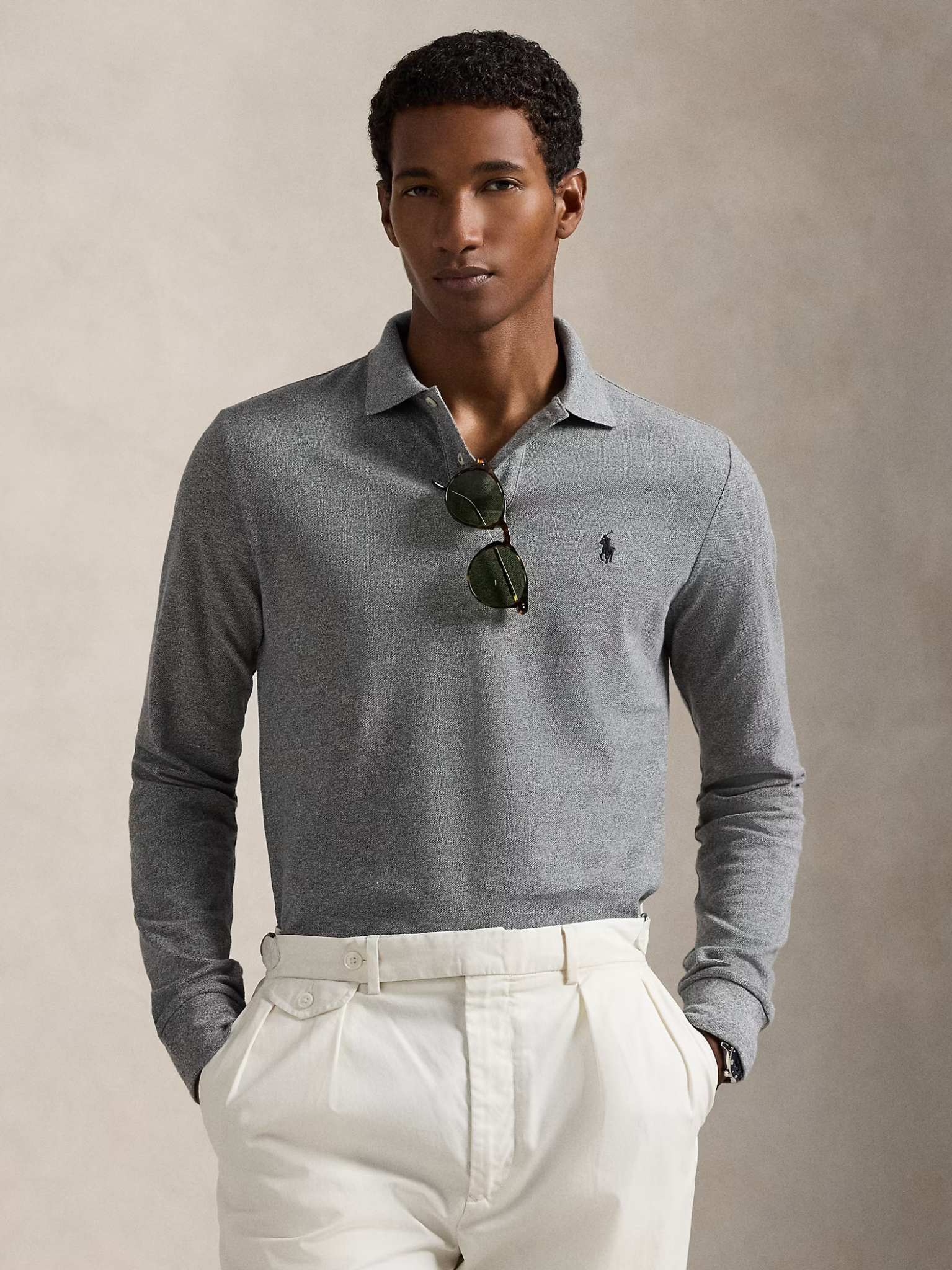 RALPH LAUREN Custom Slim Fit Mesh Polo Shirt Canterbury Heather
