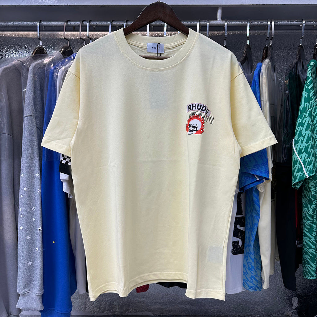 Rhude T-shirts Flame Death Knight Skull Print Cotton Casual Short Sleeve Men and Women