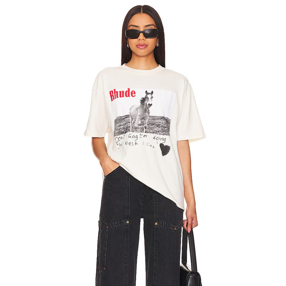 Rhude T-shirt Micro Label Alphabet Horse Print Short Sleeve T-shirt