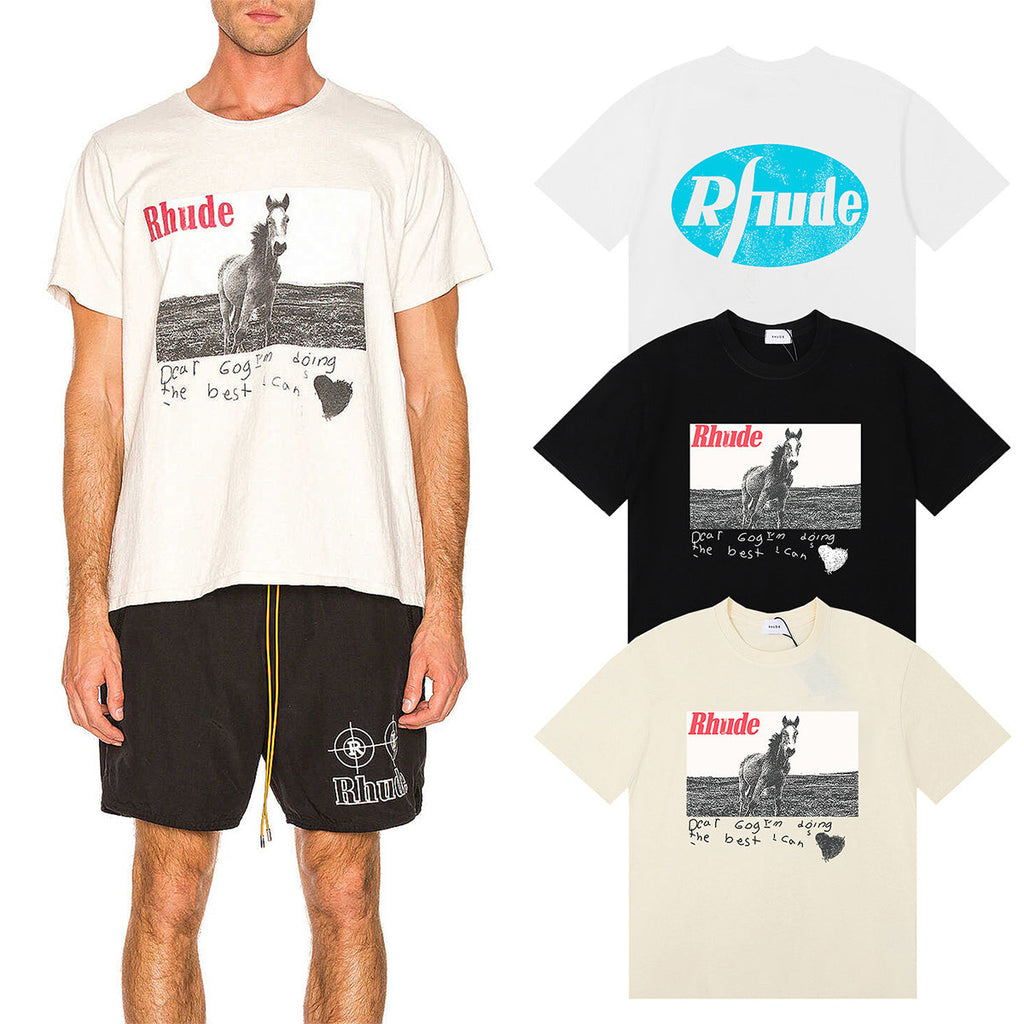 Rhude T-shirts Pentium Horse Printing Cotton Casual Short Sleeve Men and Women