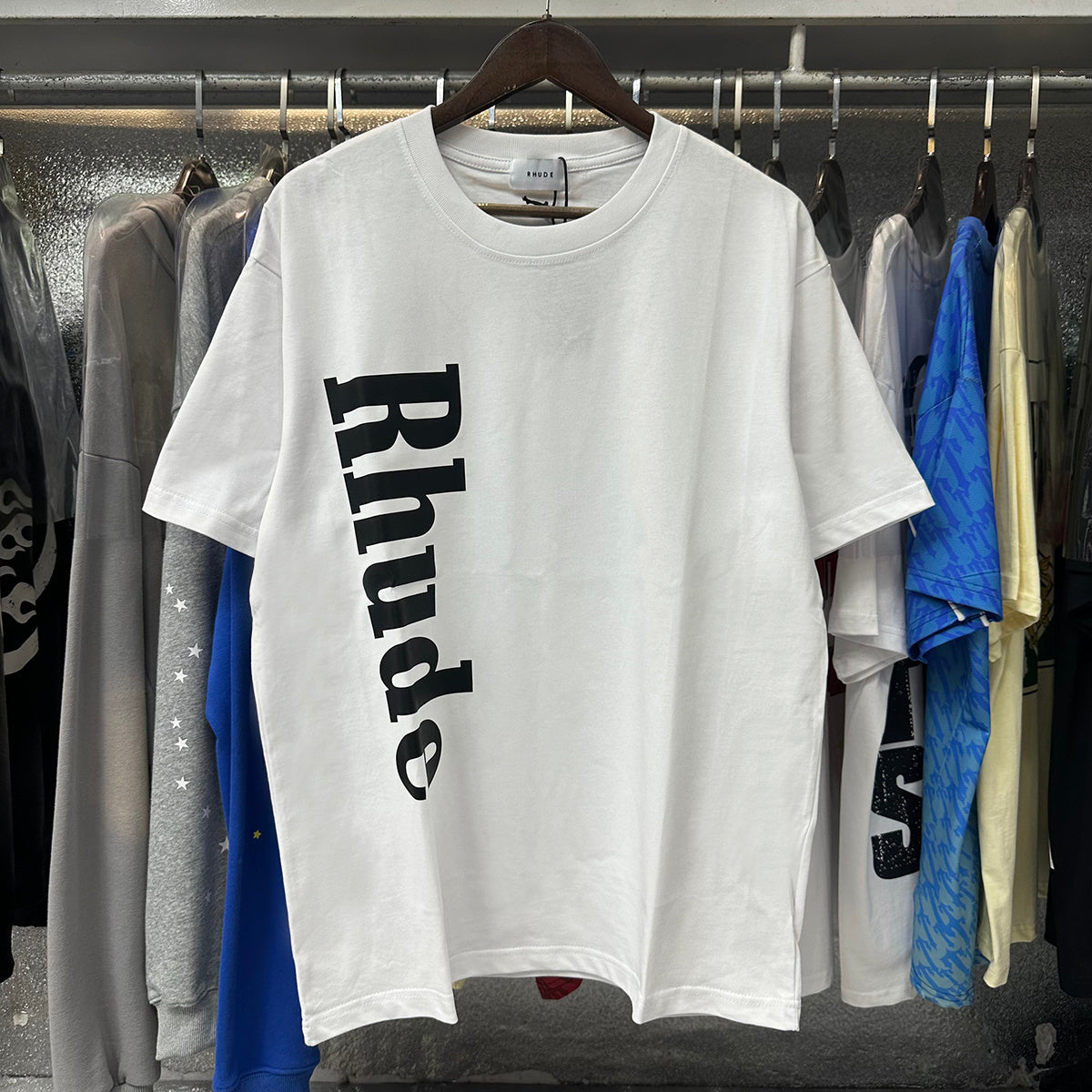 Rhude T-shirts Vertical Solid Color Printed Cotton Casual Short Sleeve Men and Women