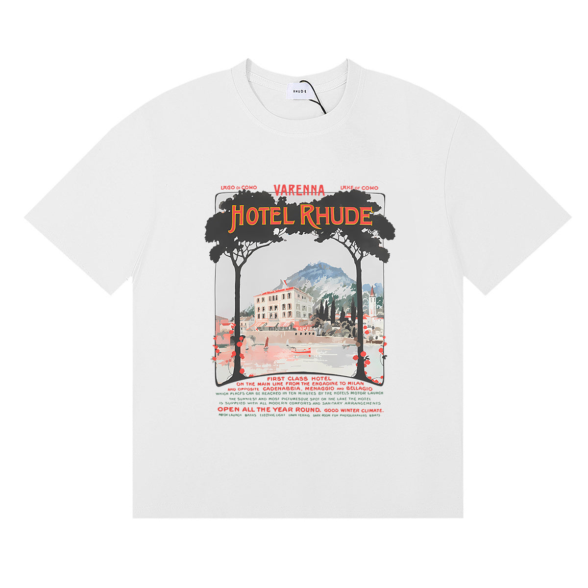 Rhude T-shirts Varenna Town Printed Cotton Casual Short Sleeves Men and Women