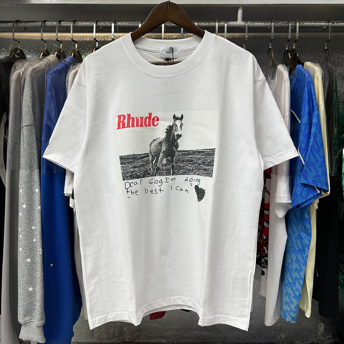 Rhude T-shirts Pentium Horse Printing Cotton Casual Short Sleeve Men and Women