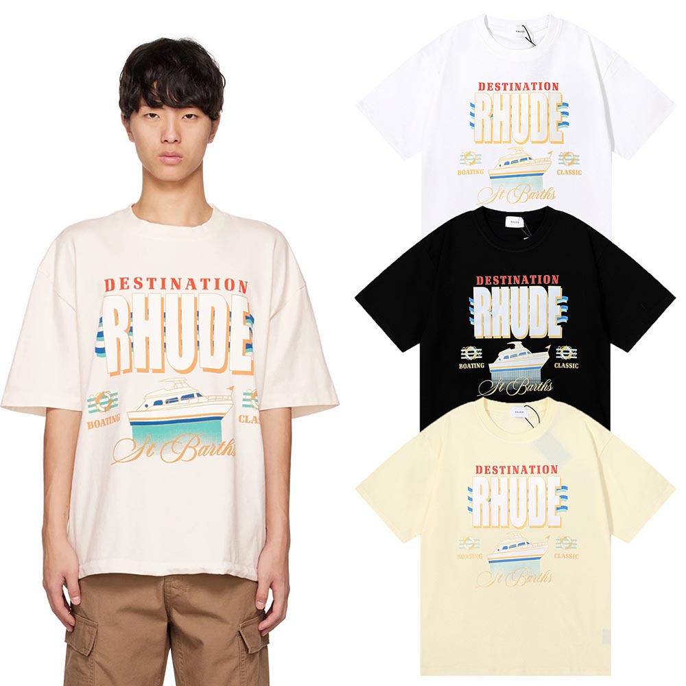 Rhude T-shirts Yacht Printing Cotton Loose Short Sleeves Men and Women