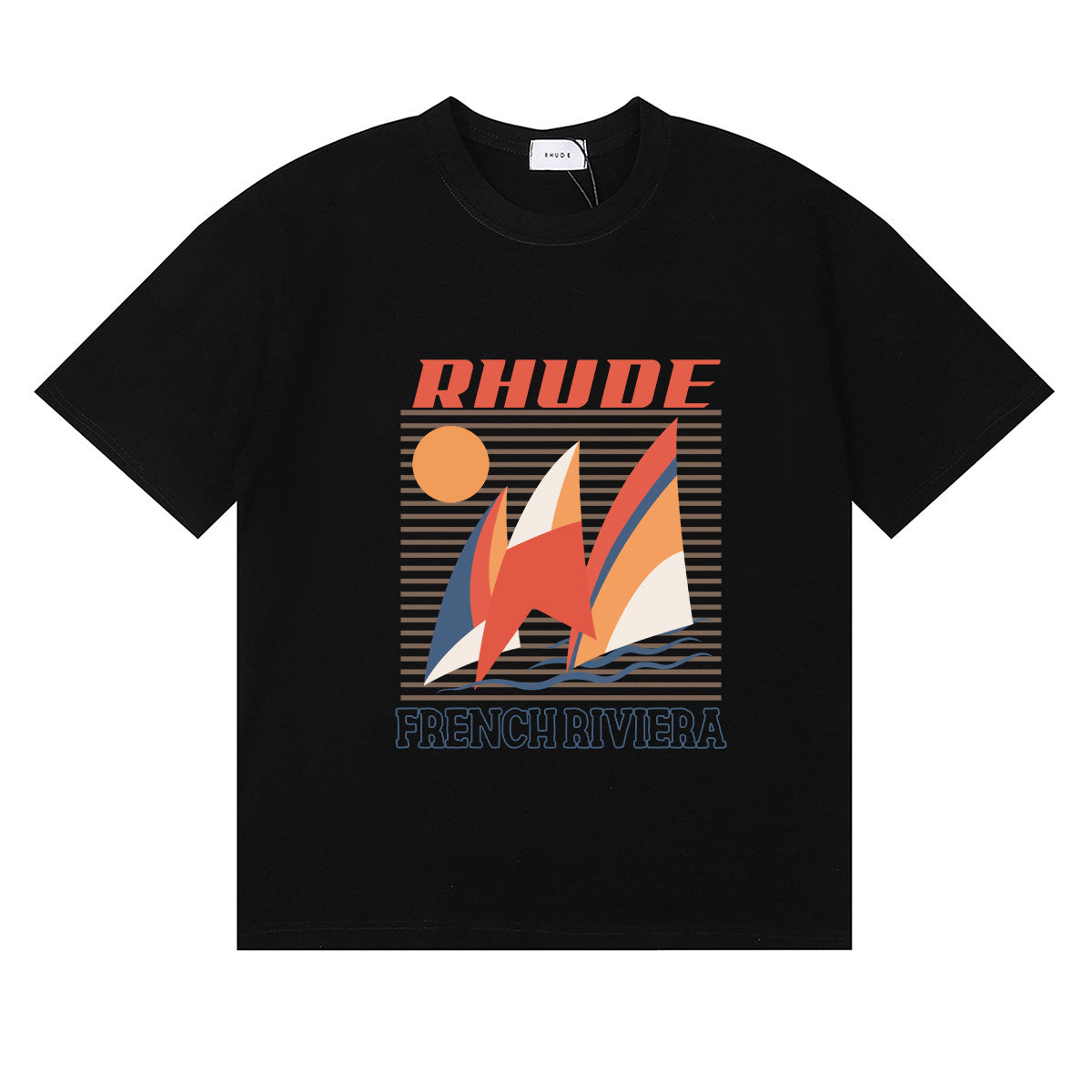 Rhude T-shirts Sailing Sunset Print Cotton Casual Crew Neck Short Sleeve Men and Women