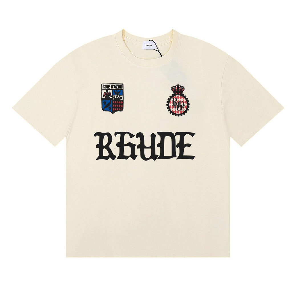 Rhude T-shirts Gothic Letter Badge Printing Cotton Casual Crew Neck Short Sleeve Men and Women