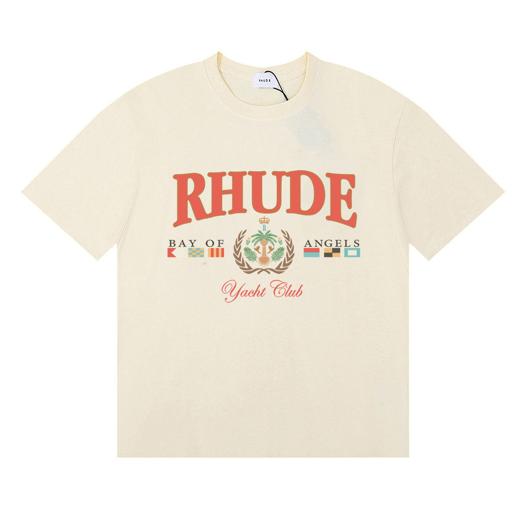 Rhude T-shirts Flag Badge Cotton Casual Short Sleeve Men and Women