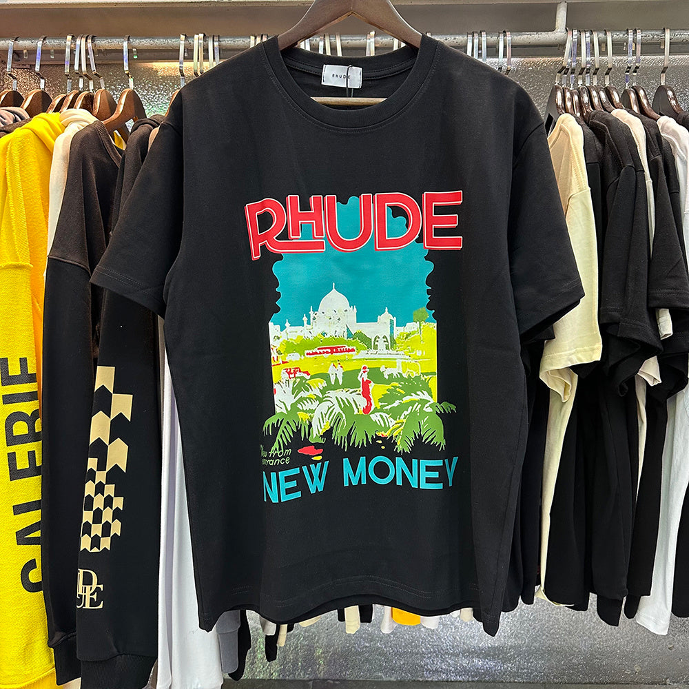 Rhude T-shirts Castle Coconut Windowsill Scenic Cotton Casual Loose Short Sleeve Men and Women