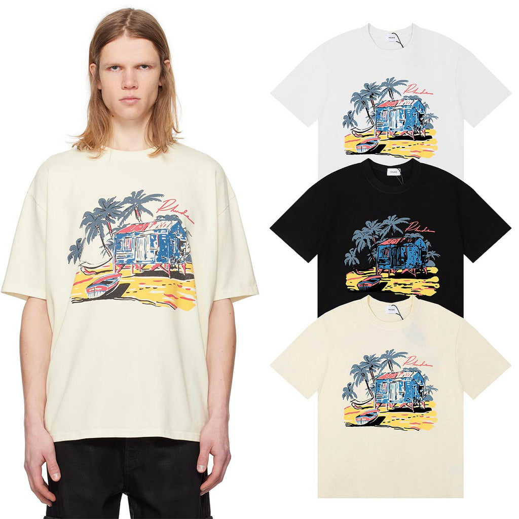 Rhude T-shirts Beach Coconut House Printed Cotton Casual Crew Neck Short Sleeve Men and Women