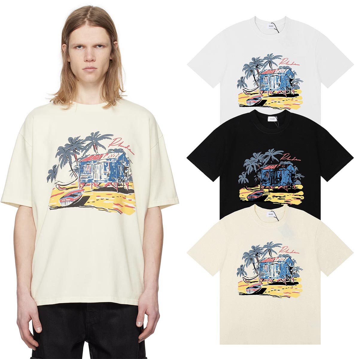 Rhude T-shirts Beach Coconut House Printed Cotton Casual Crew Neck Short Sleeve Men and Women