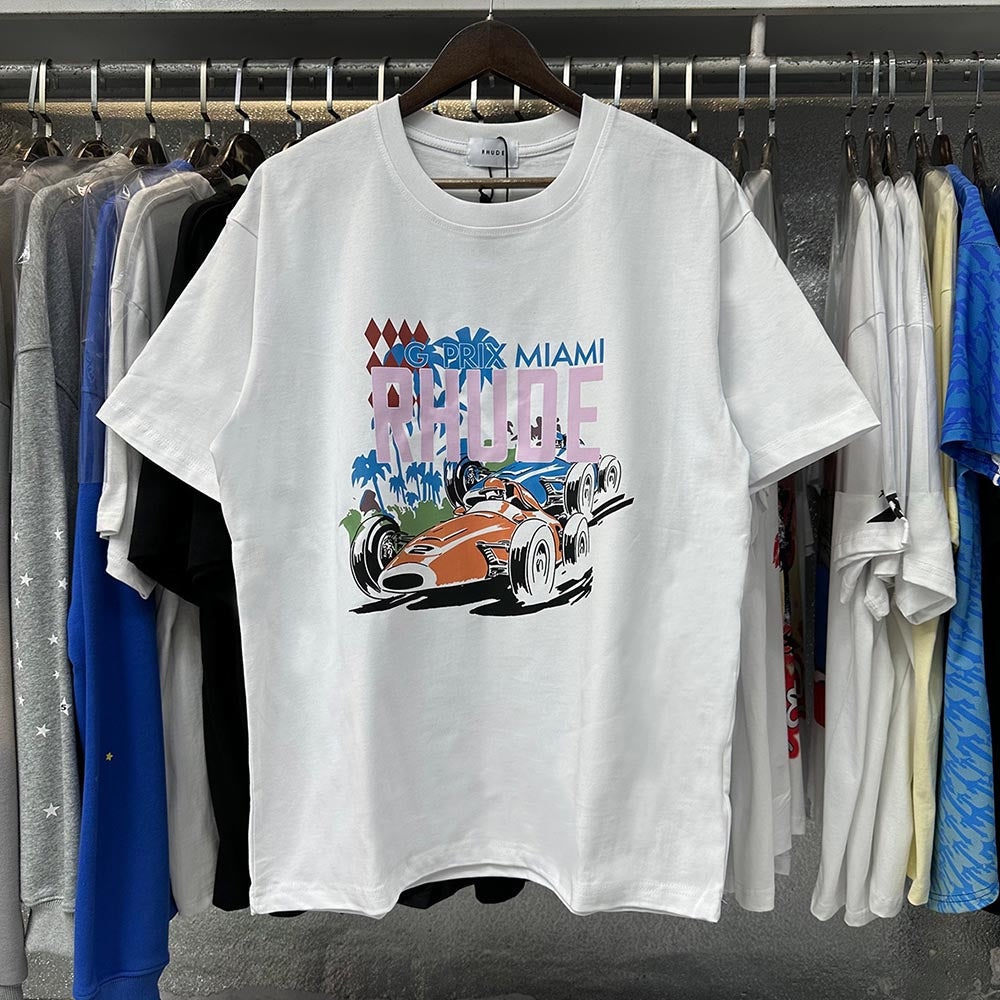 Rhude T-shirts Retro Racing Printed Cotton Casual Short Sleeve Men and Women