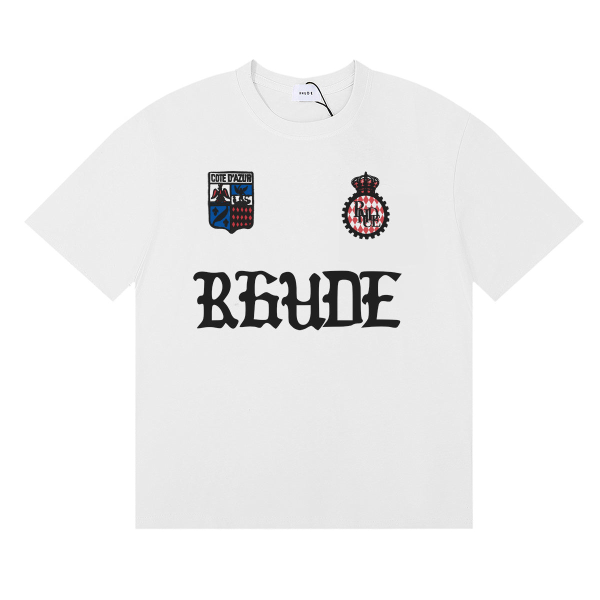 Rhude T-shirts Gothic Letter Badge Printing Cotton Casual Crew Neck Short Sleeve Men and Women