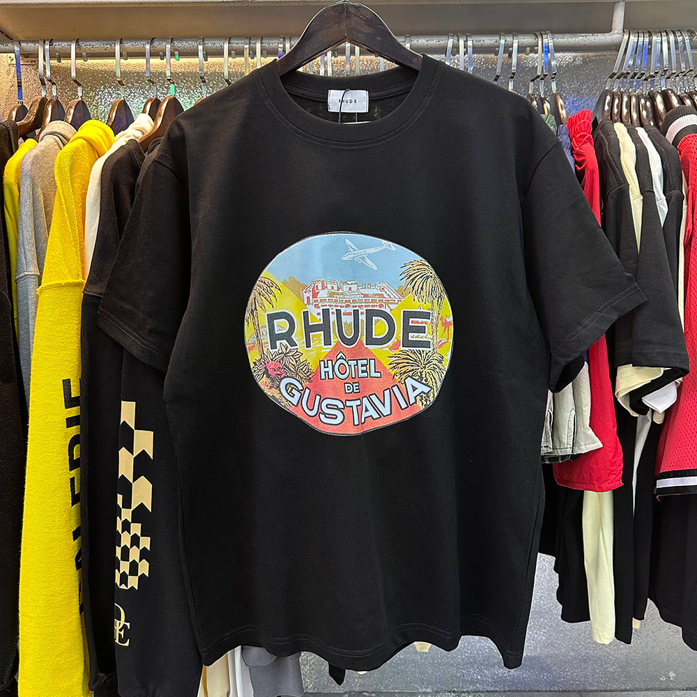 Rhude T-shirts Gustavia Hotel Printed Cotton Casual Short Sleeves Men's and Women's