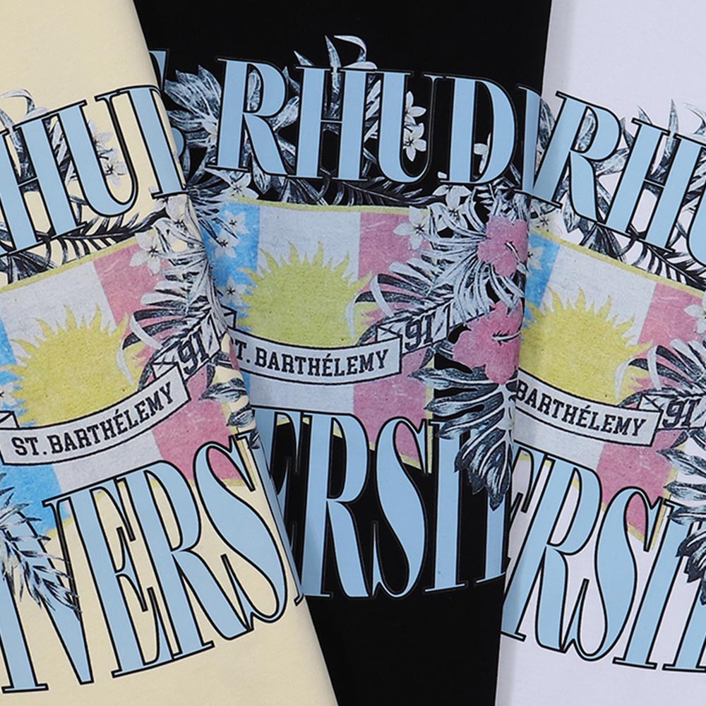 Rhude T-shirts Flag Floral Print Cotton Casual Loose Short Sleeve Men and Women