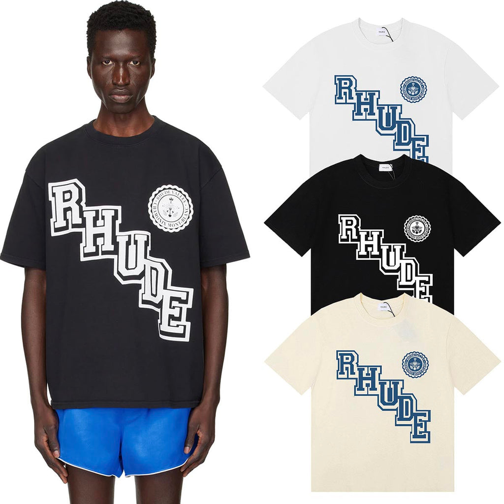Rhude T-shirts College Badge Printed Cotton Casual Short Sleeve Men and Women